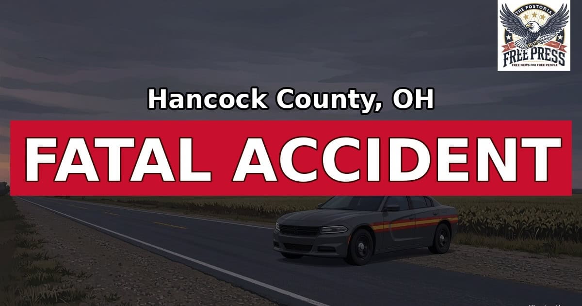 Illustration: Hancock County, OH fatal accident graphic with a highway patrol cruiser on a rural road